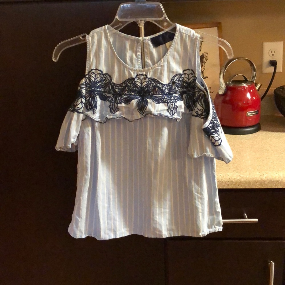 Blue and white off the shoulder shirt
